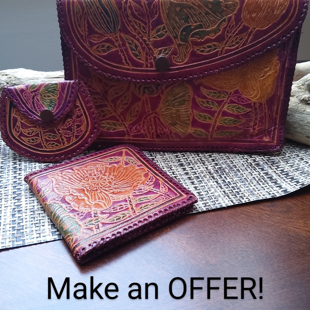 Vintage hand stitched leather purse, change & wallet set from India